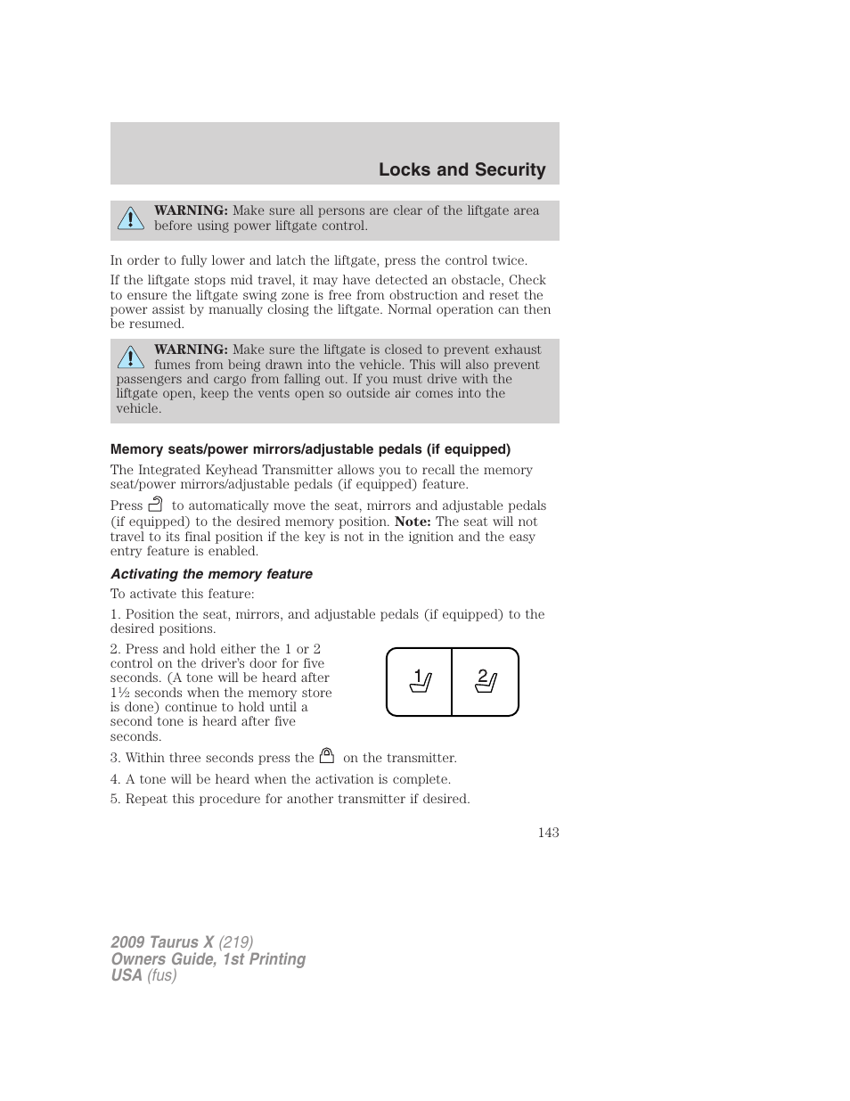 Activating the memory feature, Locks and security | FORD 2009 Taurus X v.1 User Manual | Page 143 / 360