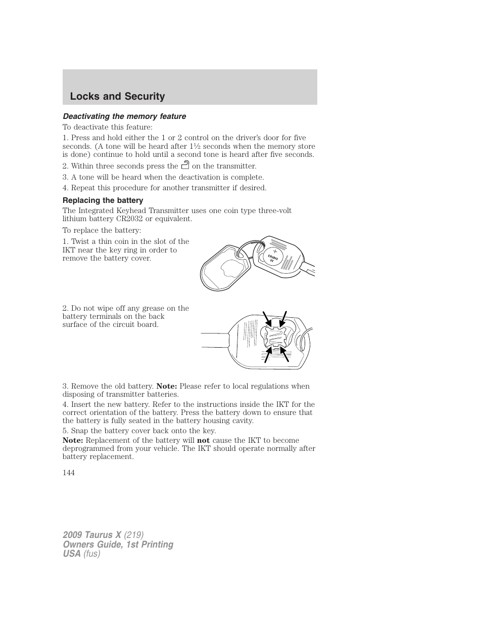 Deactivating the memory feature, Replacing the battery, Locks and security | FORD 2009 Taurus X v.1 User Manual | Page 144 / 360