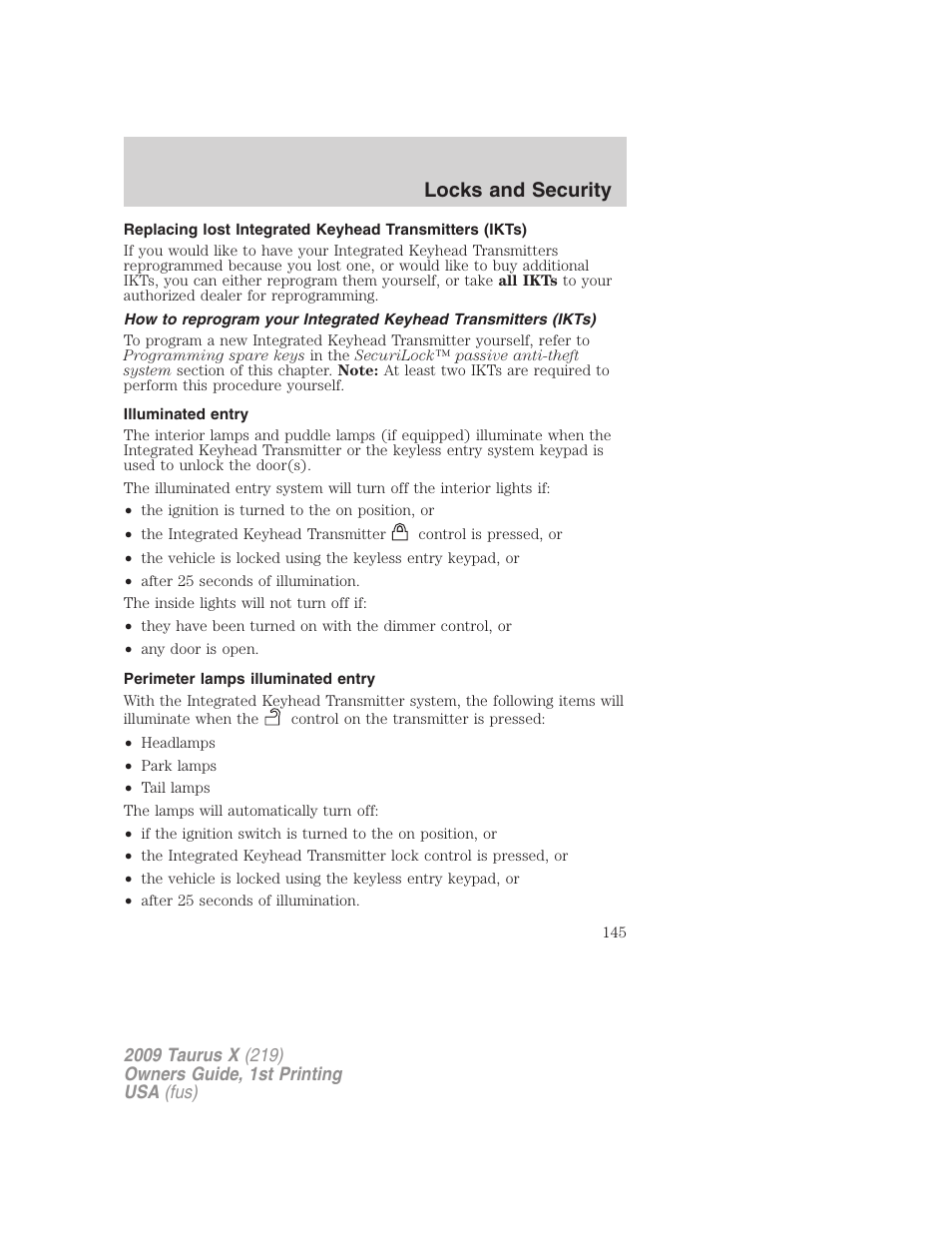 Illuminated entry, Perimeter lamps illuminated entry, Locks and security | FORD 2009 Taurus X v.1 User Manual | Page 145 / 360