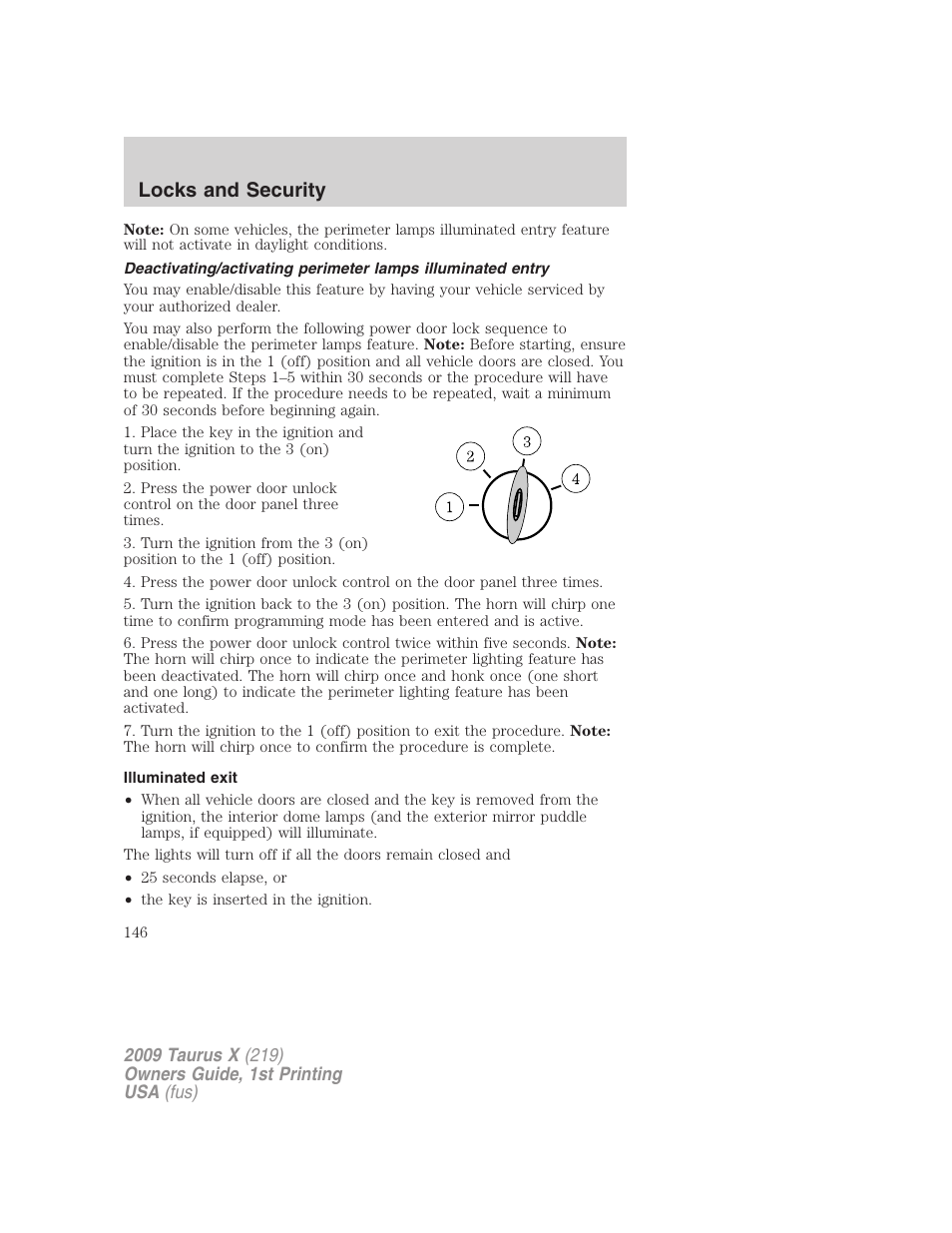 Illuminated exit, Locks and security | FORD 2009 Taurus X v.1 User Manual | Page 146 / 360