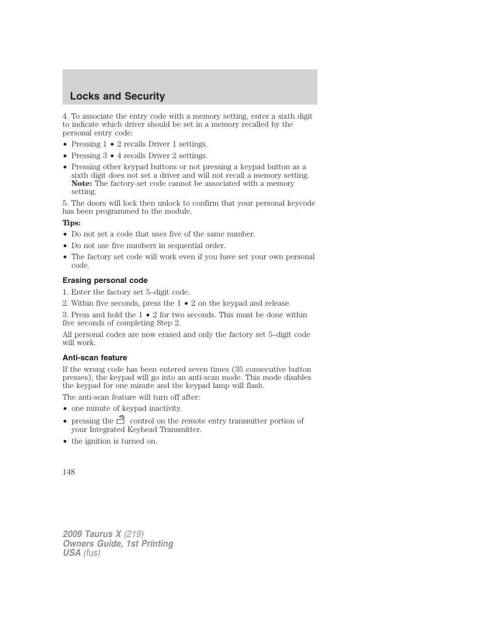 Erasing personal code, Anti-scan feature, Locks and security | FORD 2009 Taurus X v.1 User Manual | Page 148 / 360