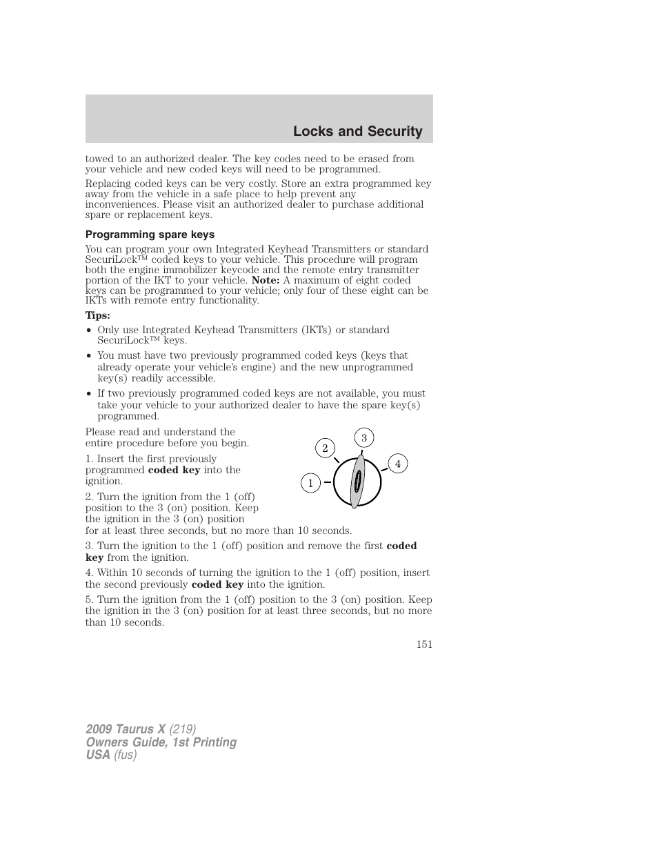 Programming spare keys, Locks and security | FORD 2009 Taurus X v.1 User Manual | Page 151 / 360