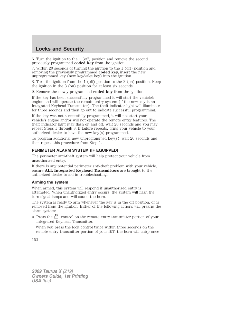 Perimeter alarm system (if equipped), Arming the system, Locks and security | FORD 2009 Taurus X v.1 User Manual | Page 152 / 360