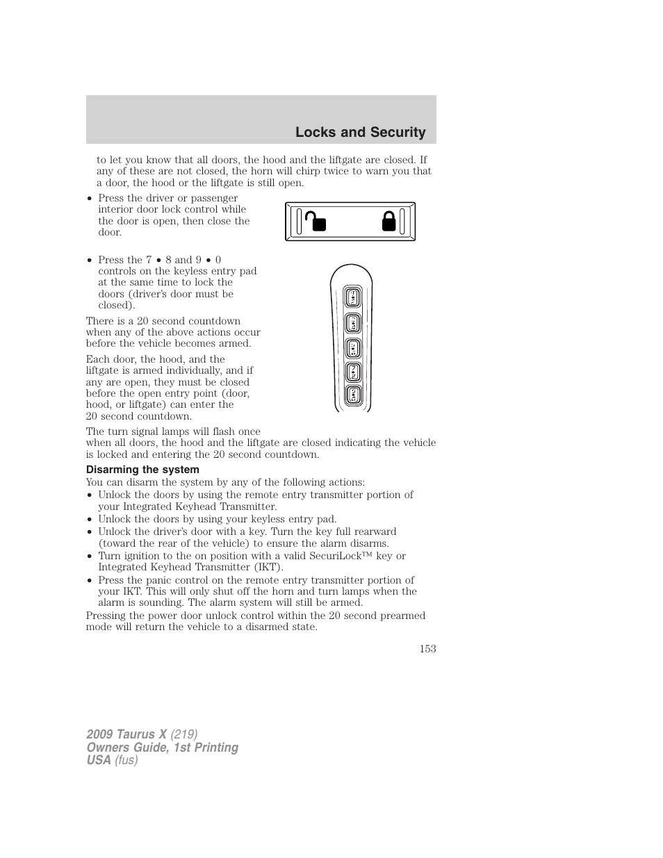 Disarming the system, Locks and security | FORD 2009 Taurus X v.1 User Manual | Page 153 / 360