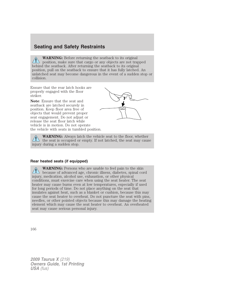 Rear heated seats (if equipped), Seating and safety restraints | FORD 2009 Taurus X v.1 User Manual | Page 166 / 360