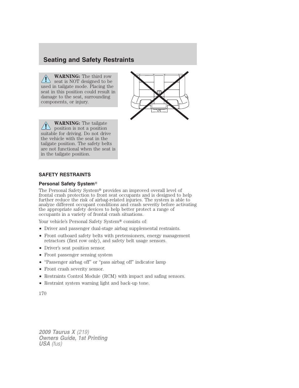 Safety restraints, Personal safety system, Seating and safety restraints | FORD 2009 Taurus X v.1 User Manual | Page 170 / 360