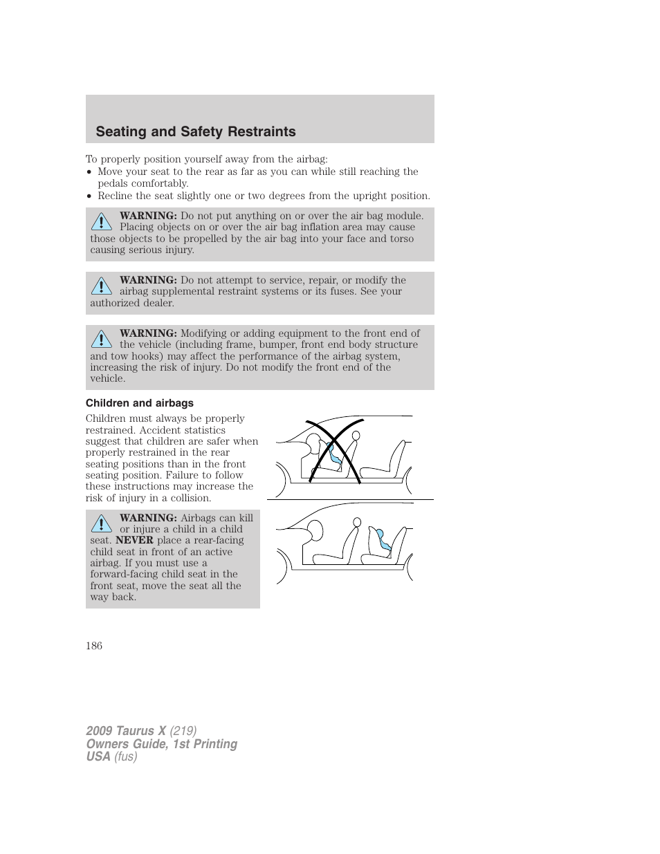Children and airbags, Seating and safety restraints | FORD 2009 Taurus X v.1 User Manual | Page 186 / 360