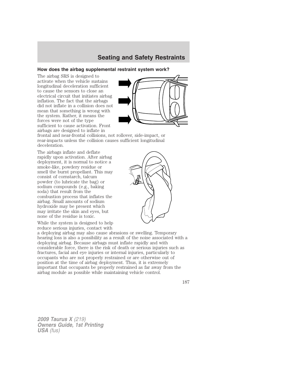 Seating and safety restraints | FORD 2009 Taurus X v.1 User Manual | Page 187 / 360
