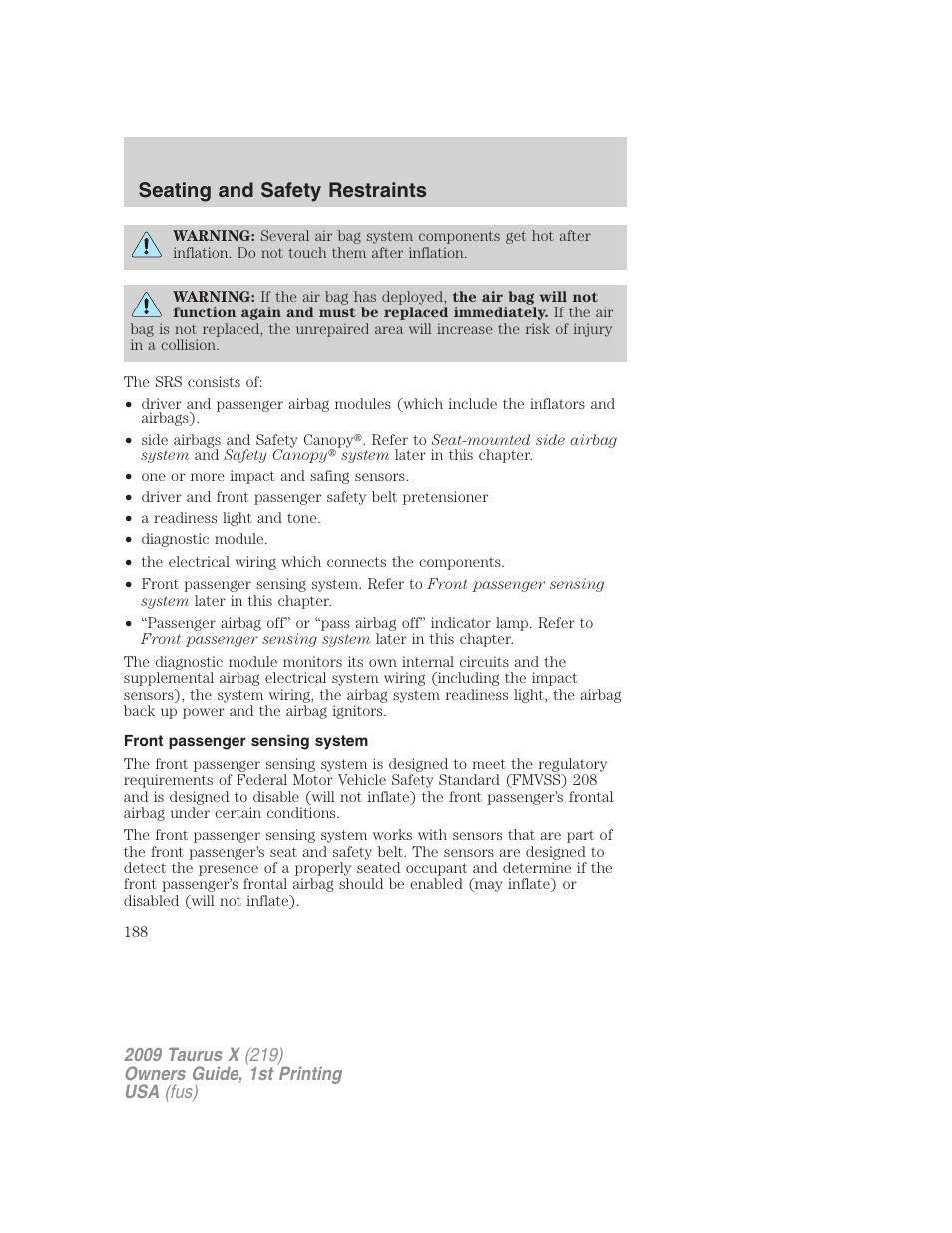 Front passenger sensing system, Seating and safety restraints | FORD 2009 Taurus X v.1 User Manual | Page 188 / 360