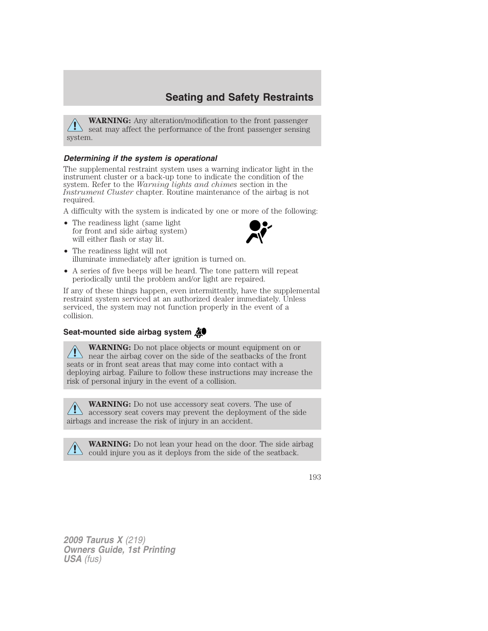 Determining if the system is operational, Seat-mounted side airbag system, Seating and safety restraints | FORD 2009 Taurus X v.1 User Manual | Page 193 / 360