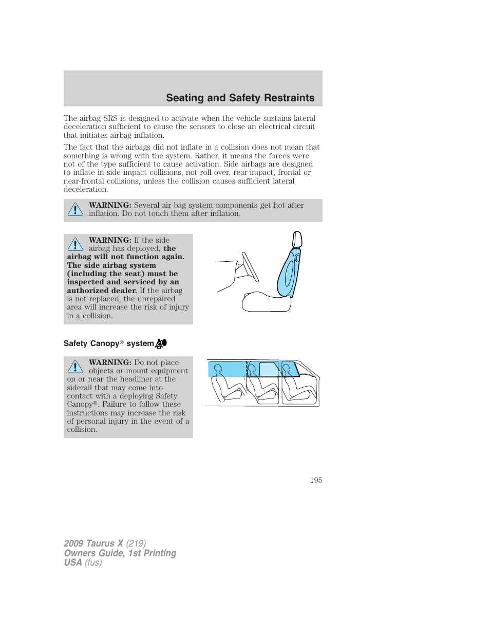 Safety canopy system, Seating and safety restraints | FORD 2009 Taurus X v.1 User Manual | Page 195 / 360