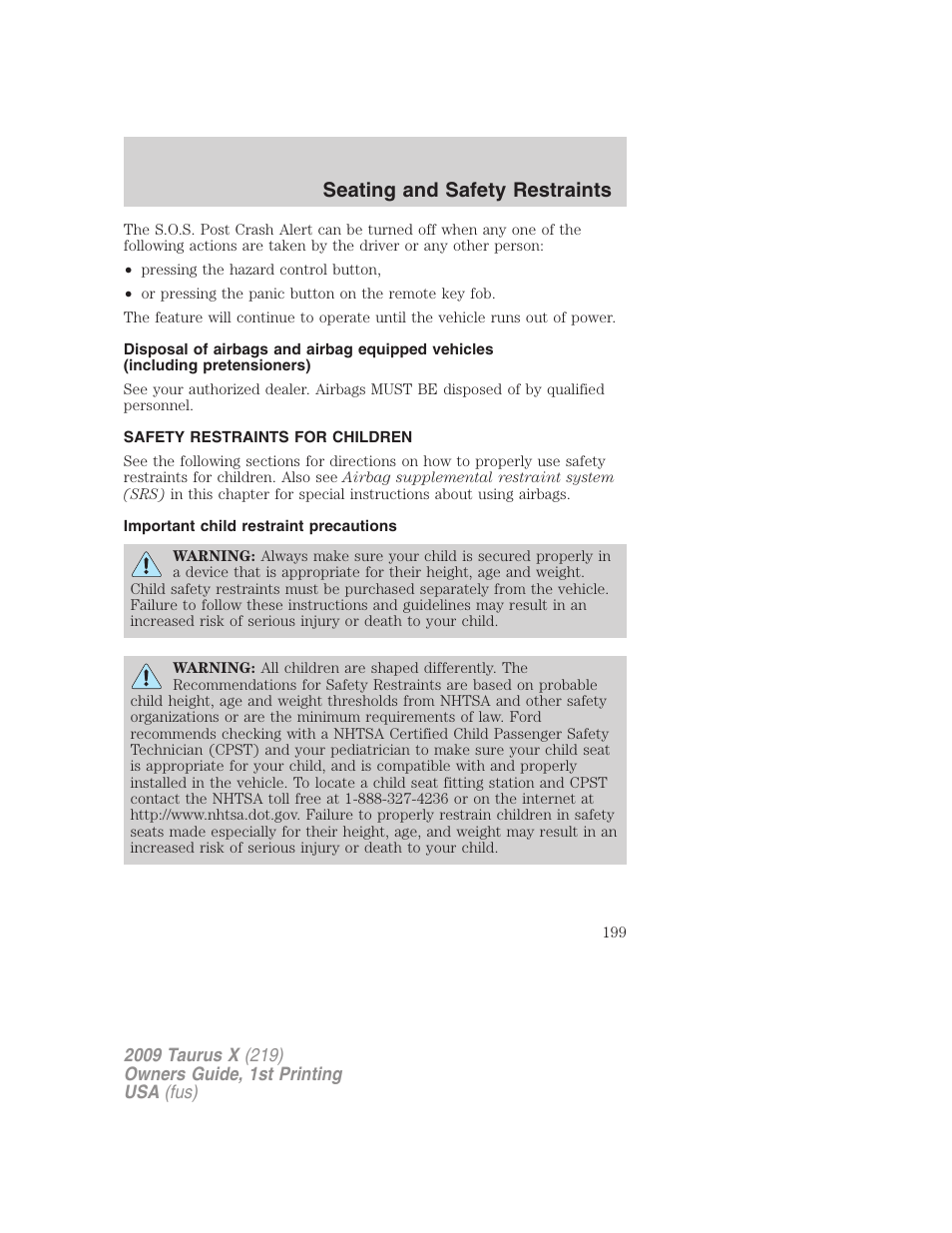 Safety restraints for children, Important child restraint precautions, Child restraints | Seating and safety restraints | FORD 2009 Taurus X v.1 User Manual | Page 199 / 360