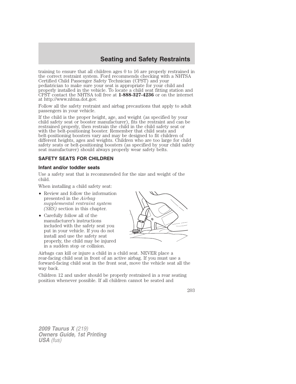 Safety seats for children, Infant and/or toddler seats, Seating and safety restraints | FORD 2009 Taurus X v.1 User Manual | Page 203 / 360
