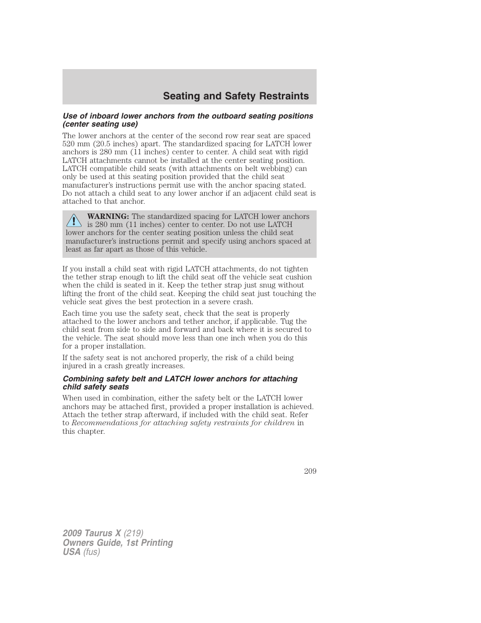 Seating and safety restraints | FORD 2009 Taurus X v.1 User Manual | Page 209 / 360