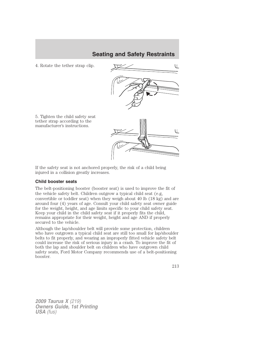 Child booster seats, Seating and safety restraints | FORD 2009 Taurus X v.1 User Manual | Page 213 / 360