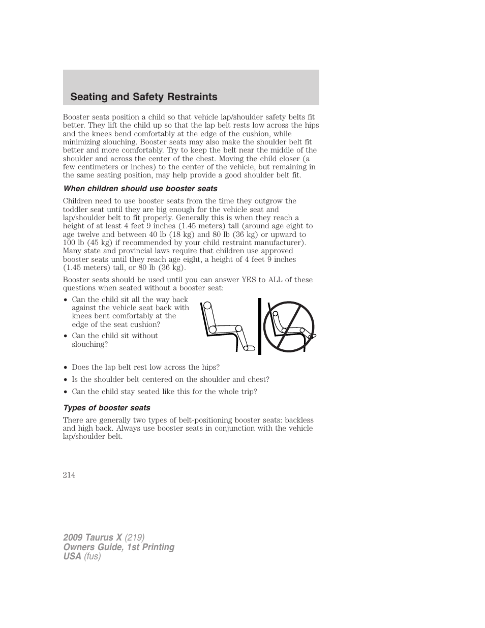 When children should use booster seats, Types of booster seats, Seating and safety restraints | FORD 2009 Taurus X v.1 User Manual | Page 214 / 360