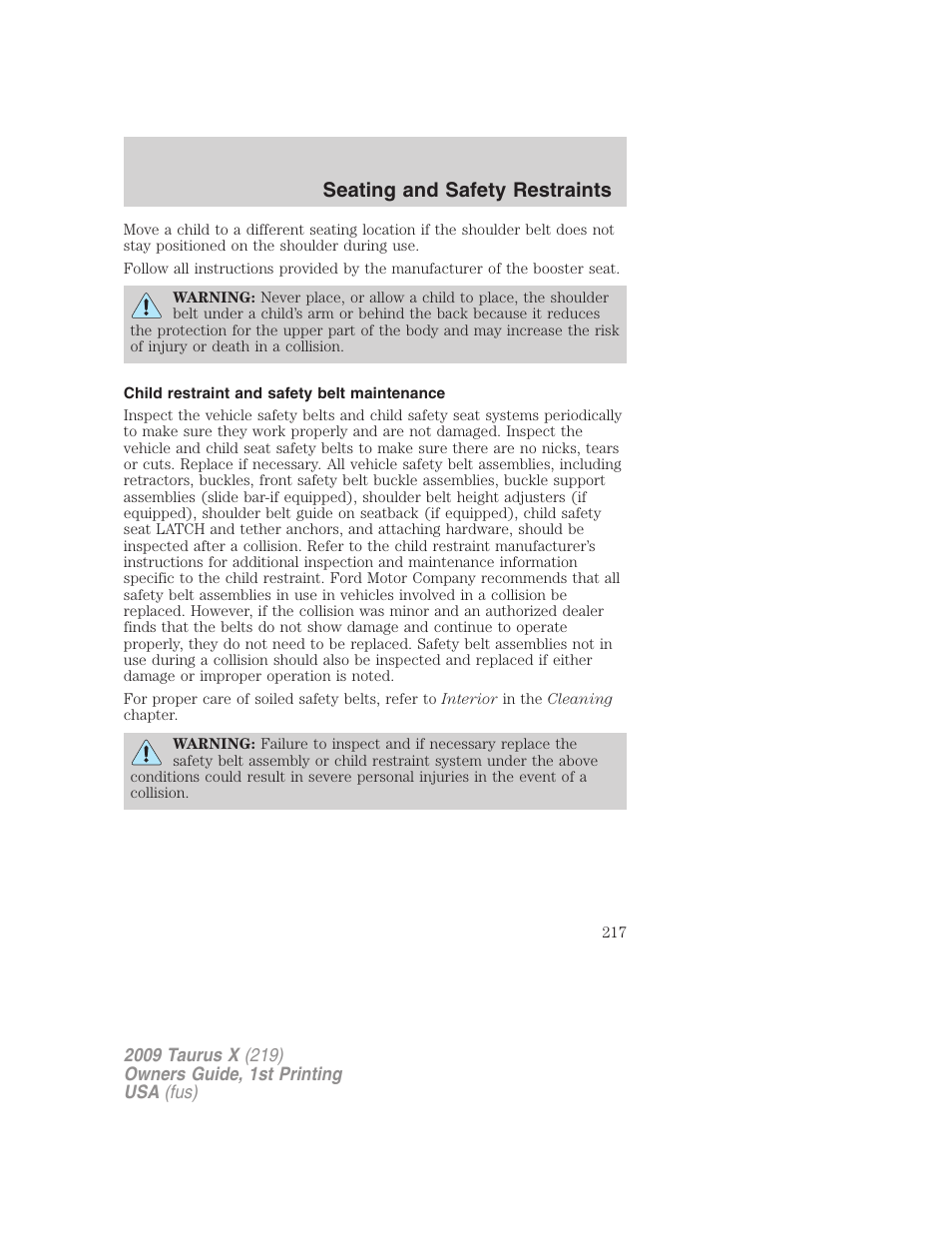 Child restraint and safety belt maintenance, Seating and safety restraints | FORD 2009 Taurus X v.1 User Manual | Page 217 / 360