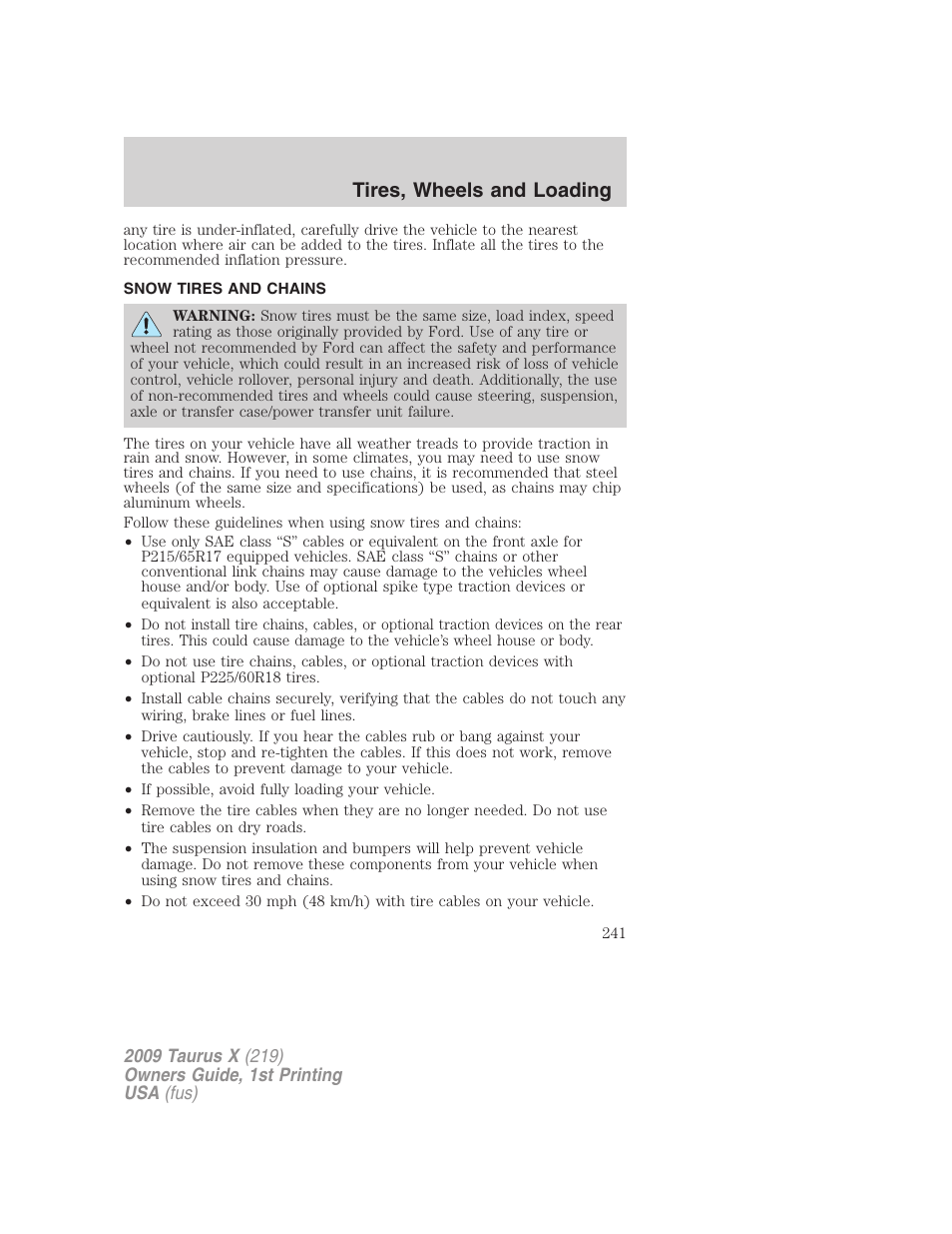 Snow tires and chains, Tires, wheels and loading | FORD 2009 Taurus X v.1 User Manual | Page 241 / 360