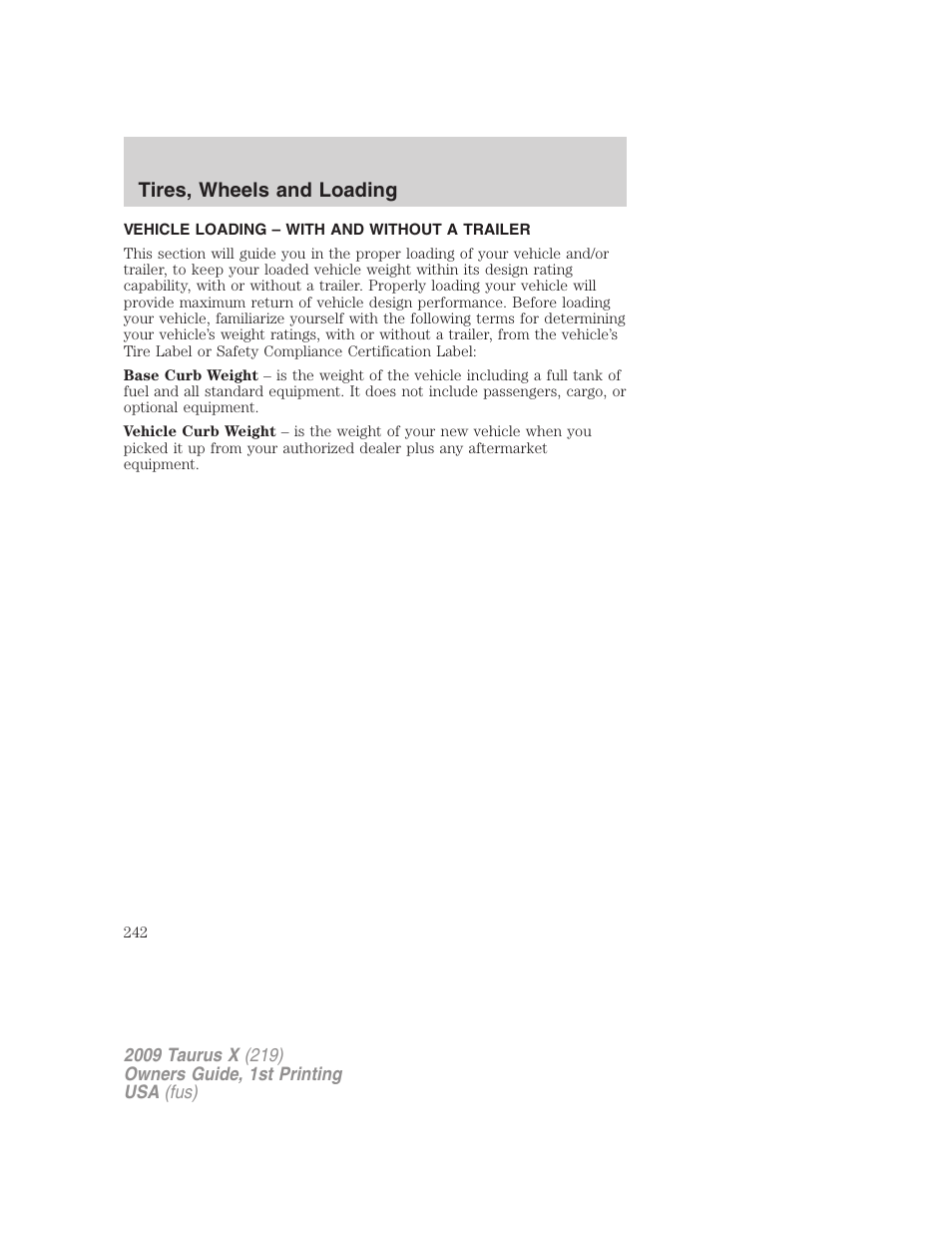 Vehicle loading – with and without a trailer, Vehicle loading, Tires, wheels and loading | FORD 2009 Taurus X v.1 User Manual | Page 242 / 360