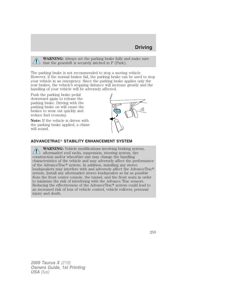 Advancetrac stability enhancement system, Driving | FORD 2009 Taurus X v.1 User Manual | Page 259 / 360