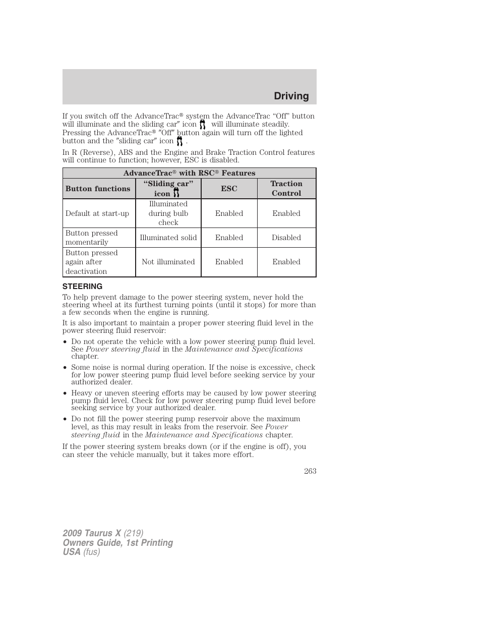 Steering, Driving | FORD 2009 Taurus X v.1 User Manual | Page 263 / 360