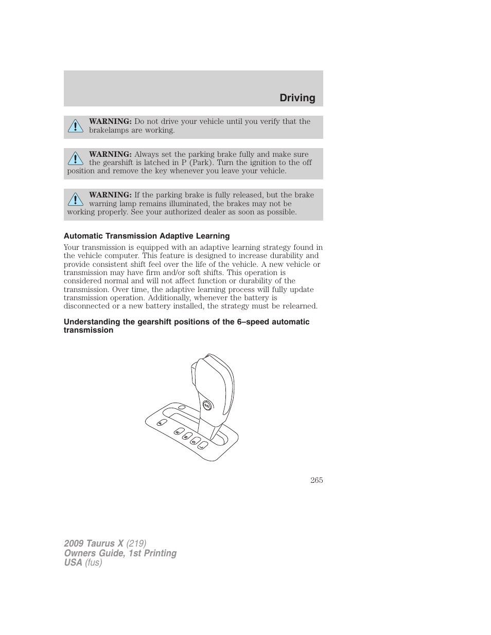 Automatic transmission adaptive learning, Driving | FORD 2009 Taurus X v.1 User Manual | Page 265 / 360