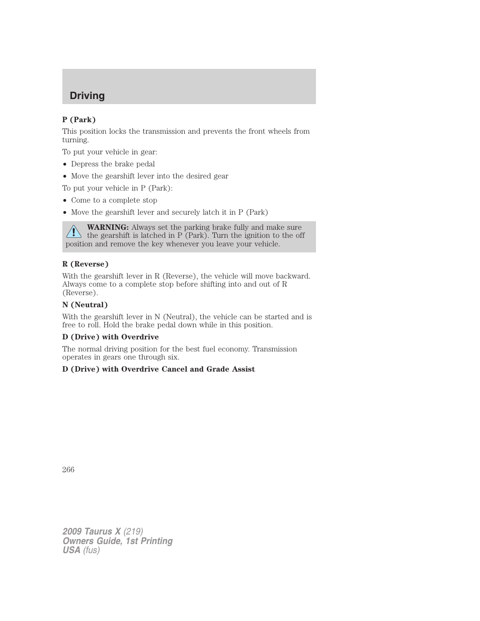Driving | FORD 2009 Taurus X v.1 User Manual | Page 266 / 360