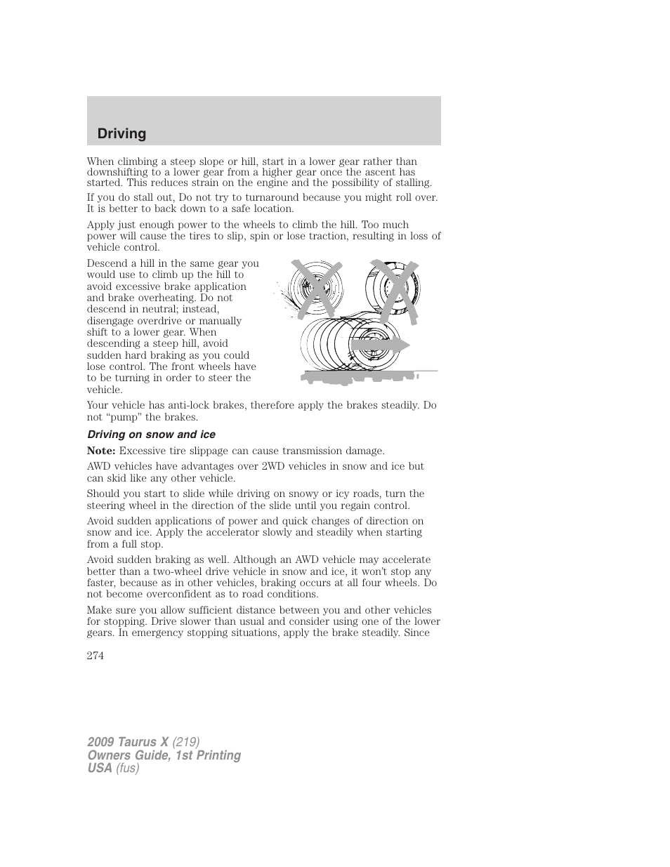 Driving on snow and ice, Driving | FORD 2009 Taurus X v.1 User Manual | Page 274 / 360