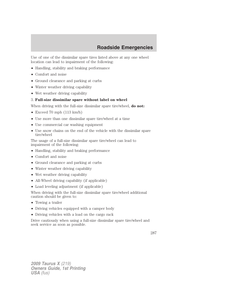 Roadside emergencies | FORD 2009 Taurus X v.1 User Manual | Page 287 / 360