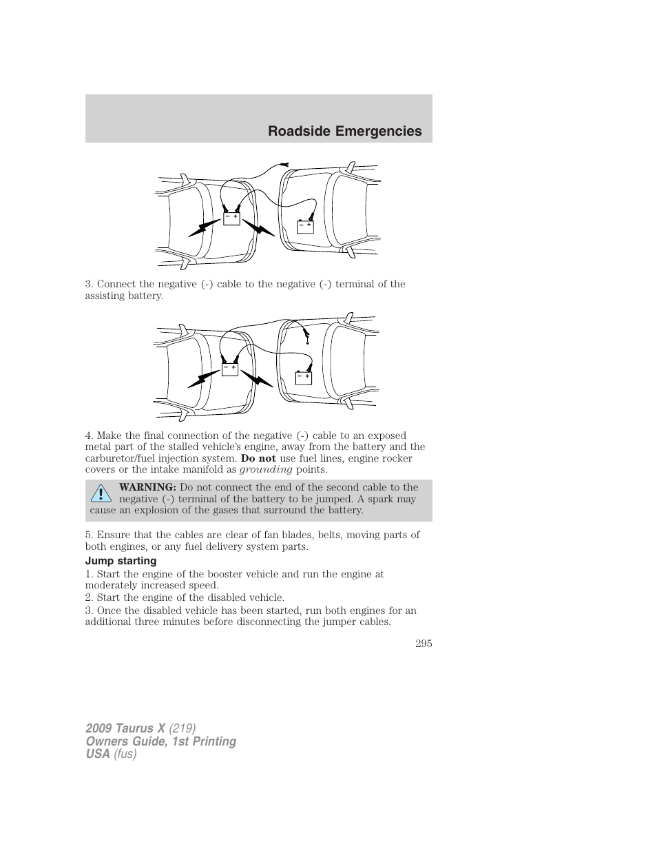 Jump starting, Roadside emergencies | FORD 2009 Taurus X v.1 User Manual | Page 295 / 360