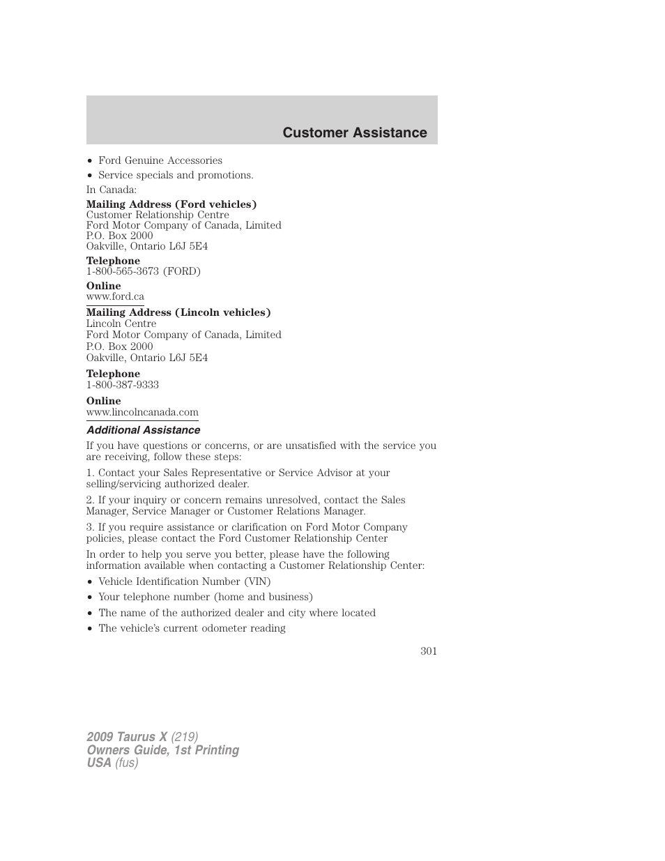 Additional assistance, Customer assistance | FORD 2009 Taurus X v.1 User Manual | Page 301 / 360