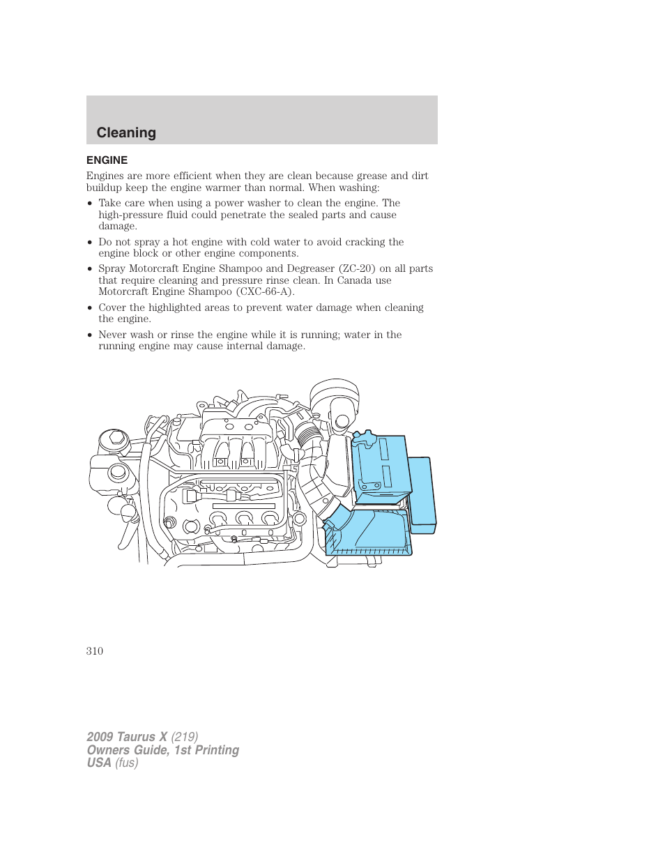 Engine, Cleaning | FORD 2009 Taurus X v.1 User Manual | Page 310 / 360