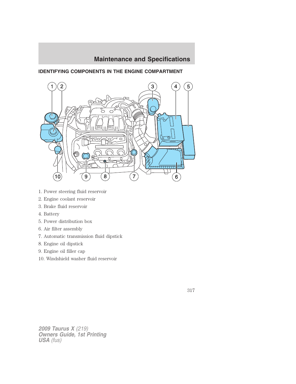 Identifying components in the engine compartment, Engine compartment, Maintenance and specifications | FORD 2009 Taurus X v.1 User Manual | Page 317 / 360
