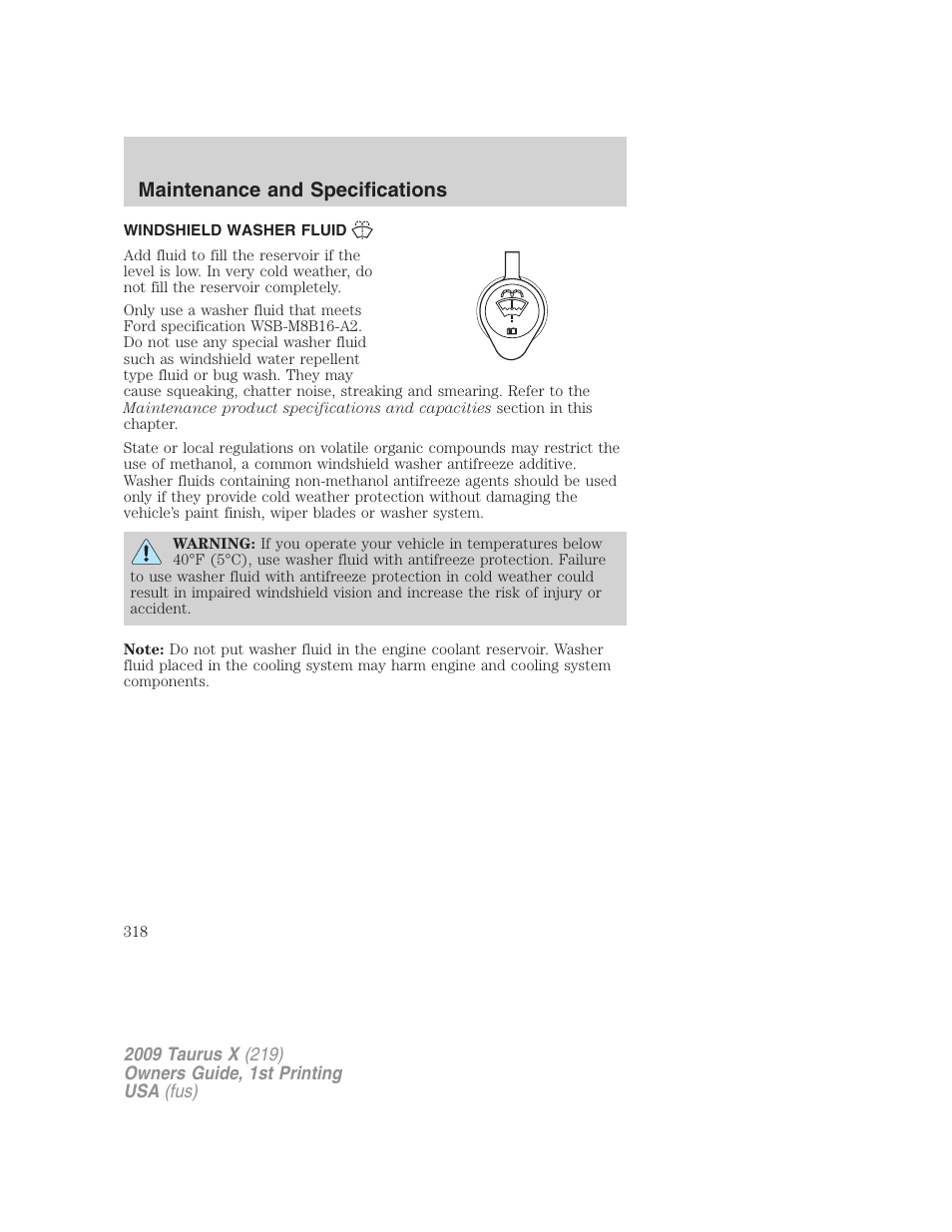 Windshield washer fluid, Maintenance and specifications | FORD 2009 Taurus X v.1 User Manual | Page 318 / 360