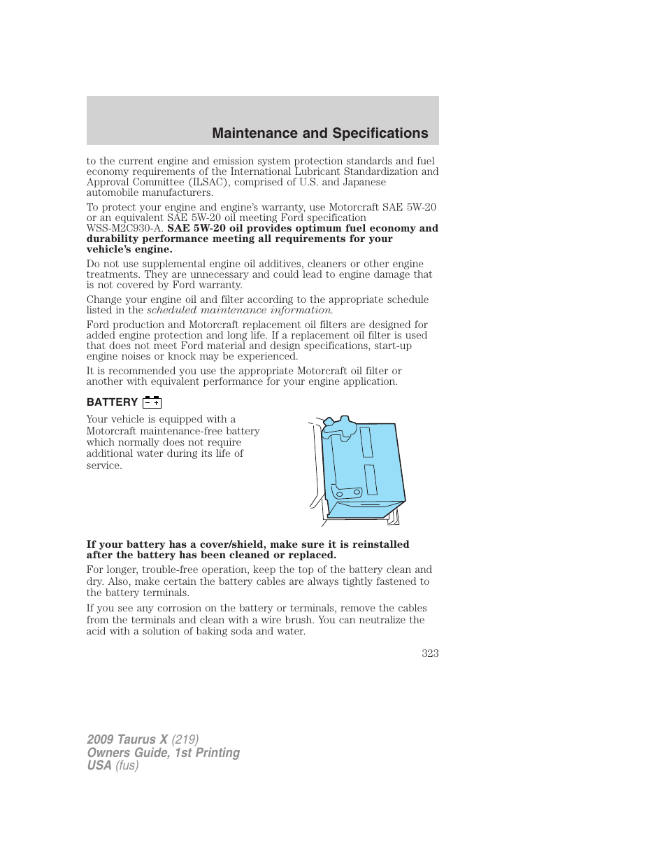 Battery, Maintenance and specifications | FORD 2009 Taurus X v.1 User Manual | Page 323 / 360