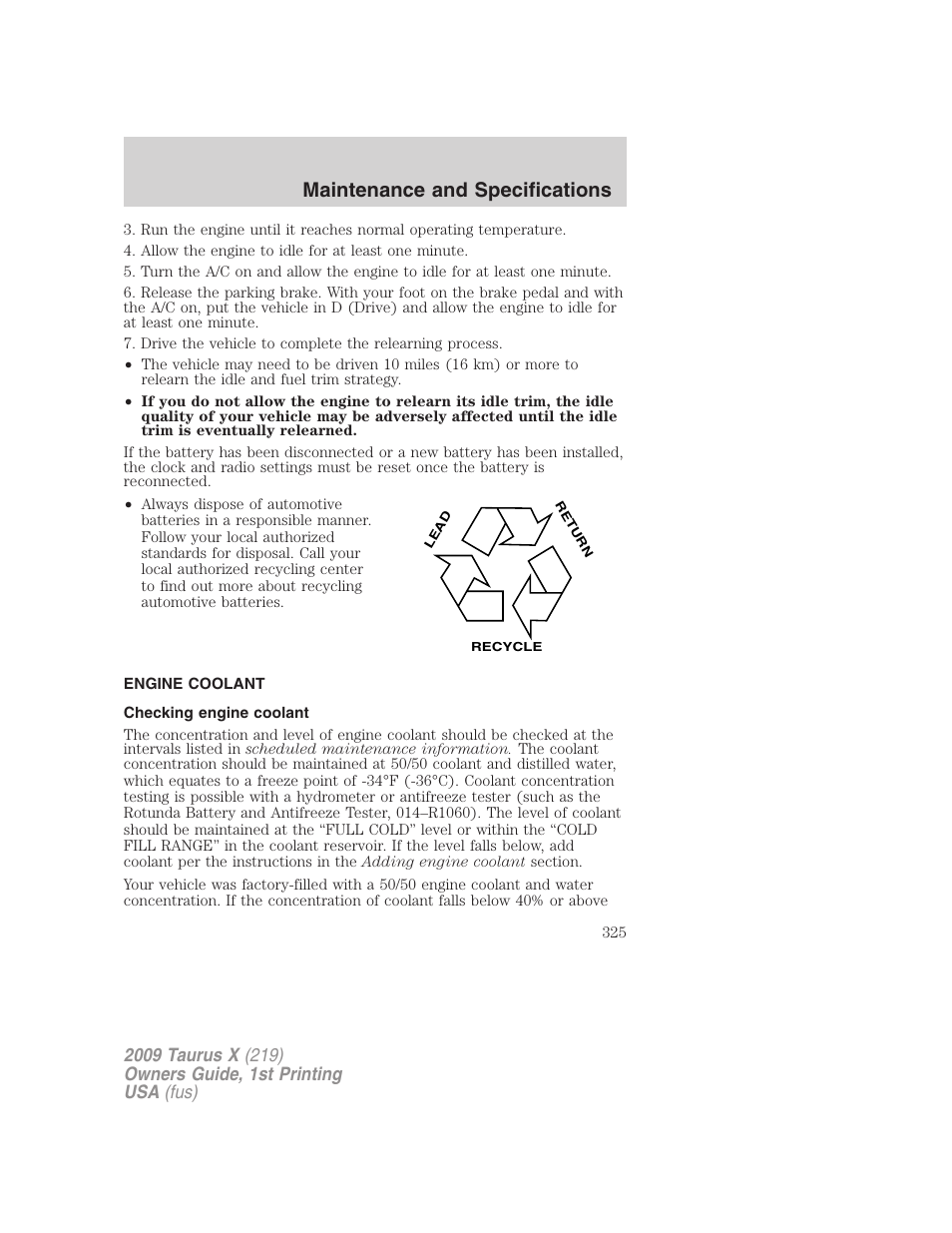 Engine coolant, Checking engine coolant, Maintenance and specifications | FORD 2009 Taurus X v.1 User Manual | Page 325 / 360