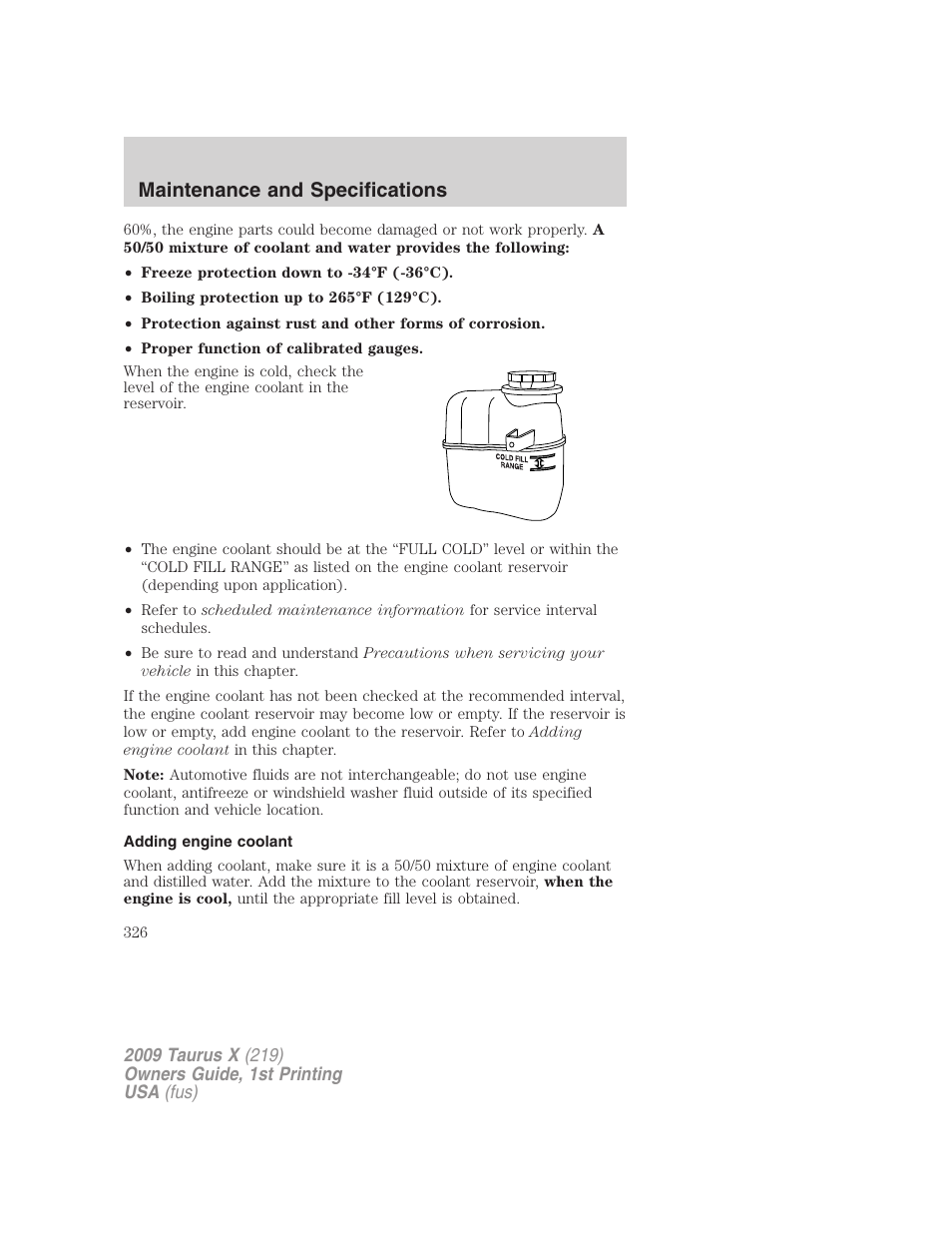 Adding engine coolant, Maintenance and specifications | FORD 2009 Taurus X v.1 User Manual | Page 326 / 360