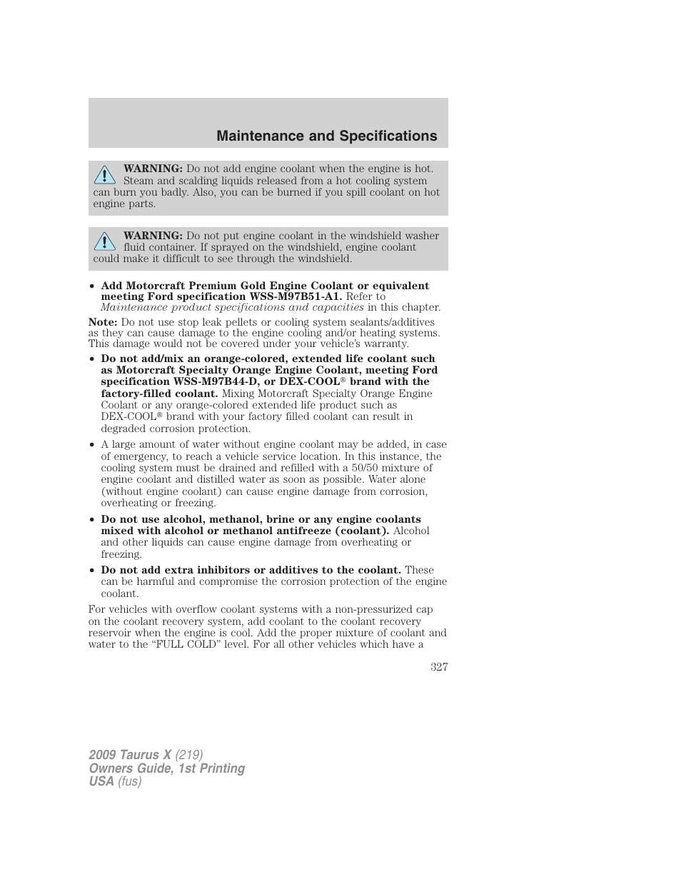 Maintenance and specifications | FORD 2009 Taurus X v.1 User Manual | Page 327 / 360