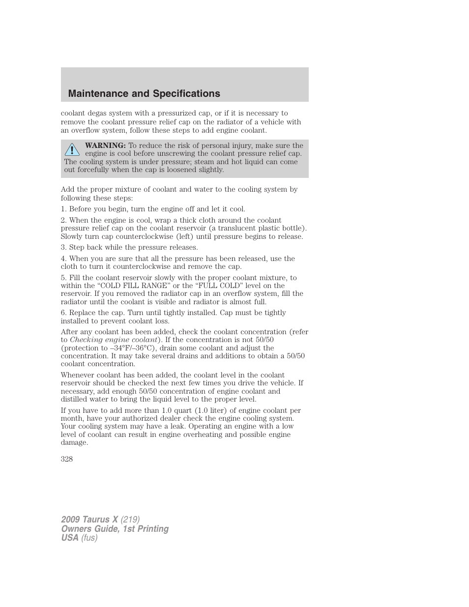 Maintenance and specifications | FORD 2009 Taurus X v.1 User Manual | Page 328 / 360