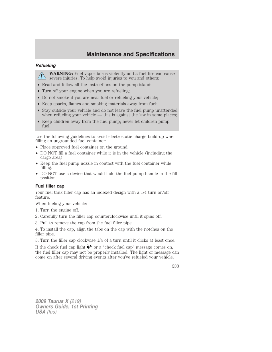 Refueling, Fuel filler cap, Maintenance and specifications | FORD 2009 Taurus X v.1 User Manual | Page 333 / 360