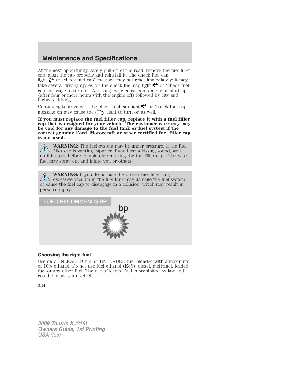 Choosing the right fuel, Maintenance and specifications | FORD 2009 Taurus X v.1 User Manual | Page 334 / 360