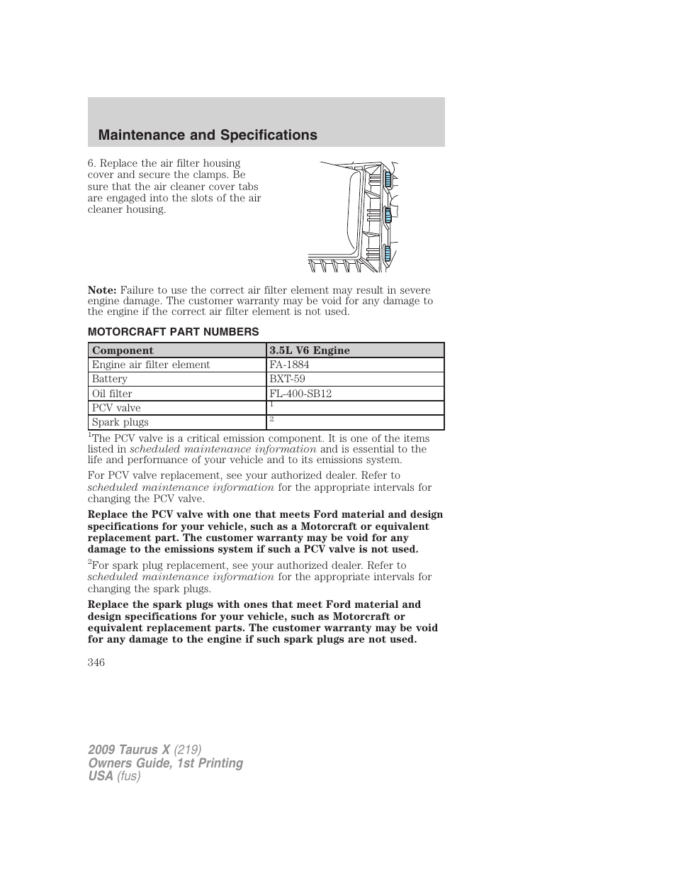 Motorcraft part numbers, Part numbers, Maintenance and specifications | FORD 2009 Taurus X v.1 User Manual | Page 346 / 360