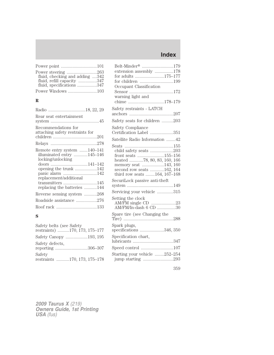 Index | FORD 2009 Taurus X v.1 User Manual | Page 359 / 360