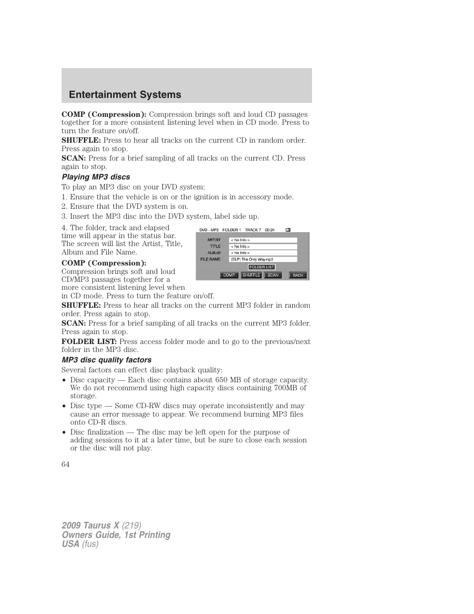 Playing mp3 discs, Mp3 disc quality factors, Entertainment systems | FORD 2009 Taurus X v.1 User Manual | Page 64 / 360