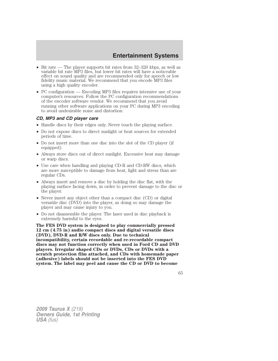 Cd, mp3 and cd player care, Entertainment systems | FORD 2009 Taurus X v.1 User Manual | Page 65 / 360
