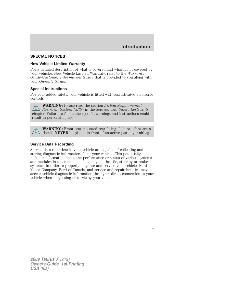 Special notices, New vehicle limited warranty, Special instructions | Service data recording, Introduction | FORD 2009 Taurus X v.1 User Manual | Page 7 / 360