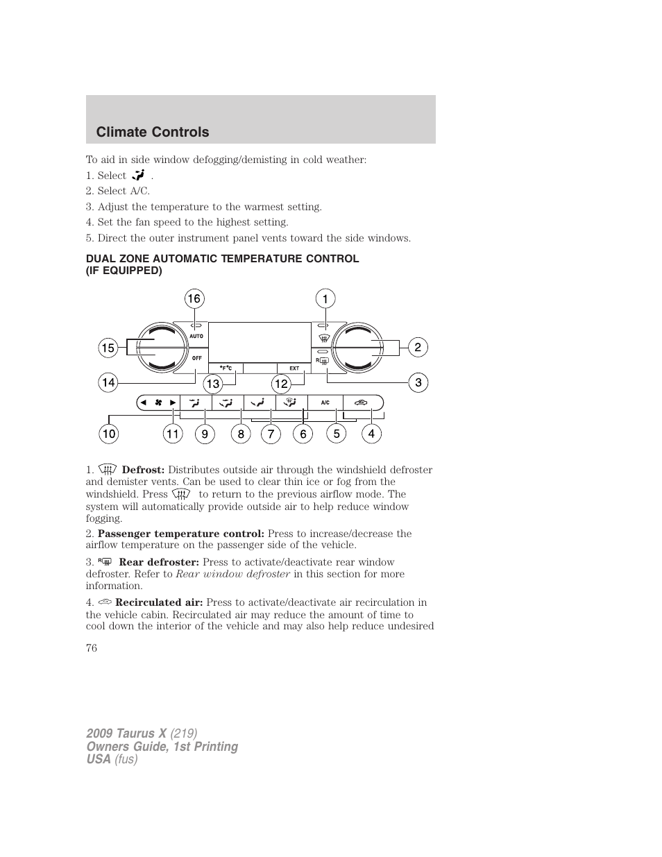 Automatic temperature control, Climate controls | FORD 2009 Taurus X v.1 User Manual | Page 76 / 360