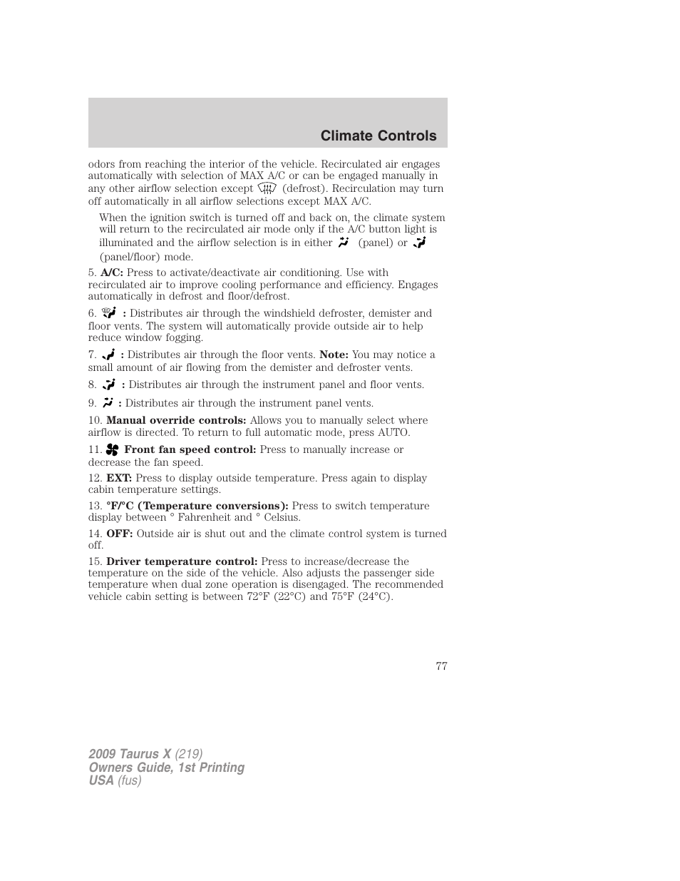 Climate controls | FORD 2009 Taurus X v.1 User Manual | Page 77 / 360