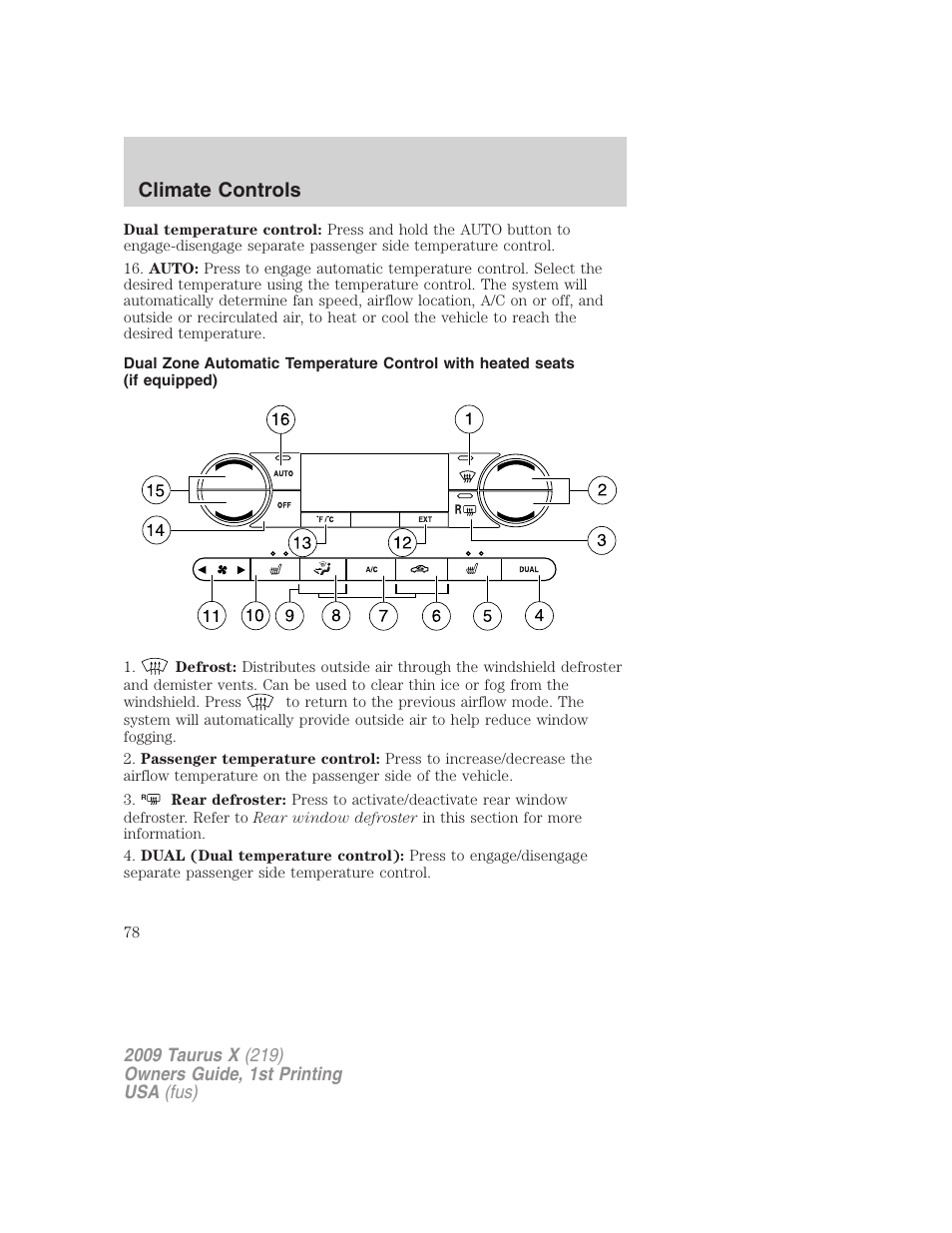 Climate controls | FORD 2009 Taurus X v.1 User Manual | Page 78 / 360