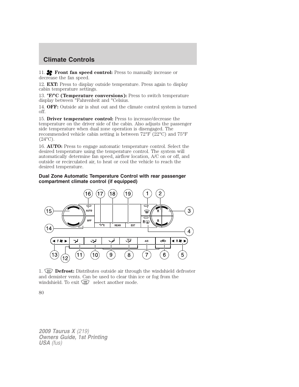 Climate controls | FORD 2009 Taurus X v.1 User Manual | Page 80 / 360